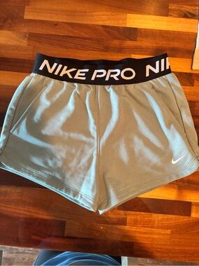 Nike Pro Women's Sage Green Athletic Shorts with Black Logo Waistband